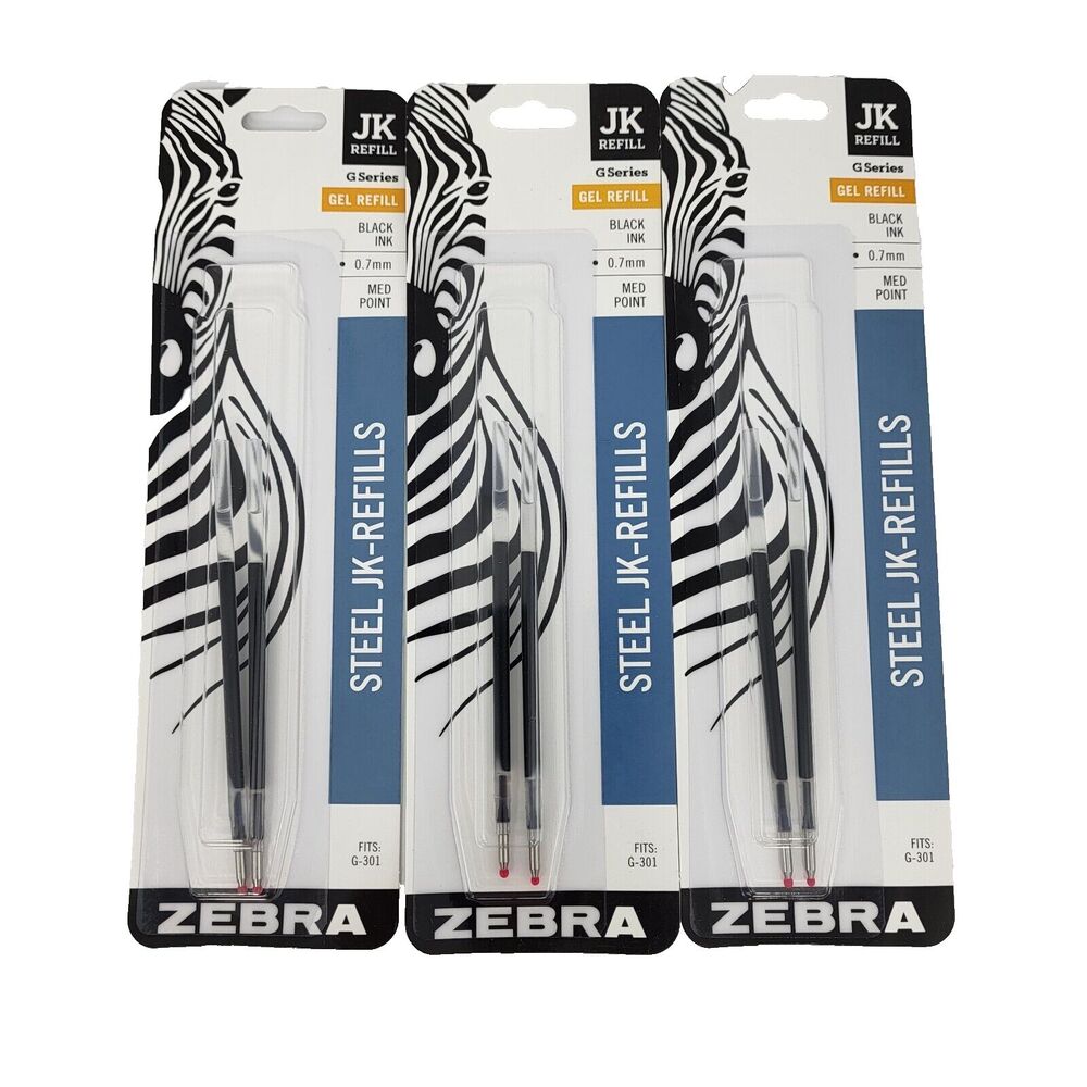 Zebra Retractable Pen Refills 3PK 0.7mm, Medium Point Black Ink 6 Total JK G301
